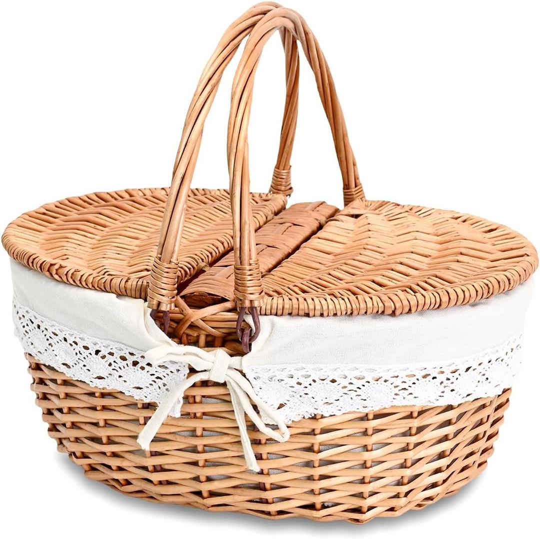 Wicker Picnic Basket with Removable Liner Empty Picnic Baskets with Lid, Picnic Hamper with Foldable Handles for Picnic 2, Natural Color, Large