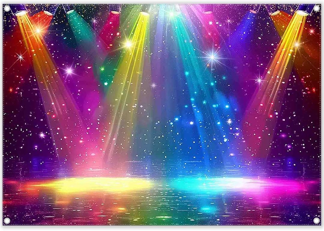 Fabric 7x5ft Disco Rainbow Stage 70s 80s 90s Backdrop Vintage Lights Photography Background Rock Music Club Neon Glow Party Decorations Photo Banner