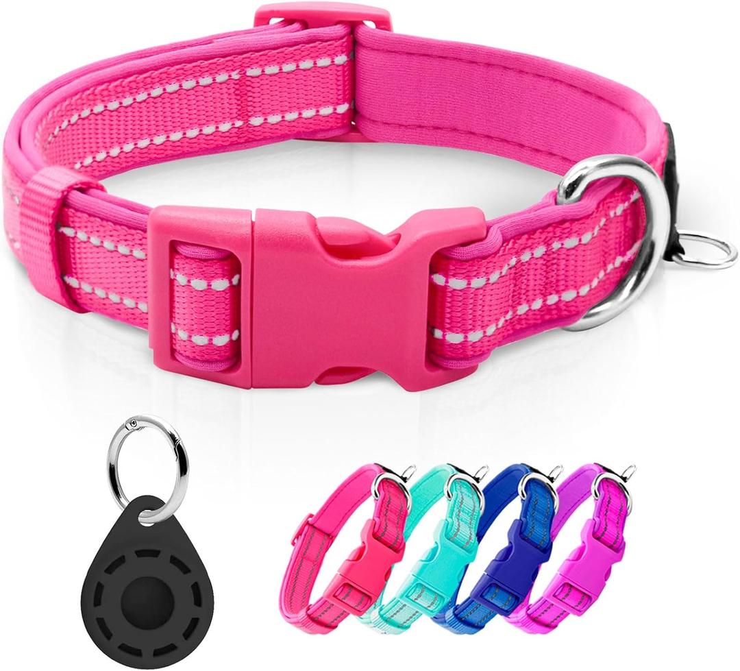 azuza Reflective Dog Collar with Airtag Holder, Soft Neoprene Padded Pet Collar with ID Tag Ring, Adjustable for Small Dogs, Hot Pink, S