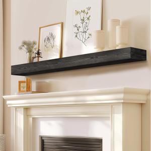 Fireplace Mantel Handmade, 3'' Thick Wall Decor Long Floating Shelf, 48inch Rustic Wood Shelf with Invisible Brackets, Black