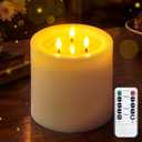 Yeelida 3-Wick 6"x6" Extra Large Real Wax Flameless Pillar Candles with Remote Control and Timer Function, Candle Grease White Battery Operated LED Flickering 3D-Wick (Long Lasting, Warm Fire)