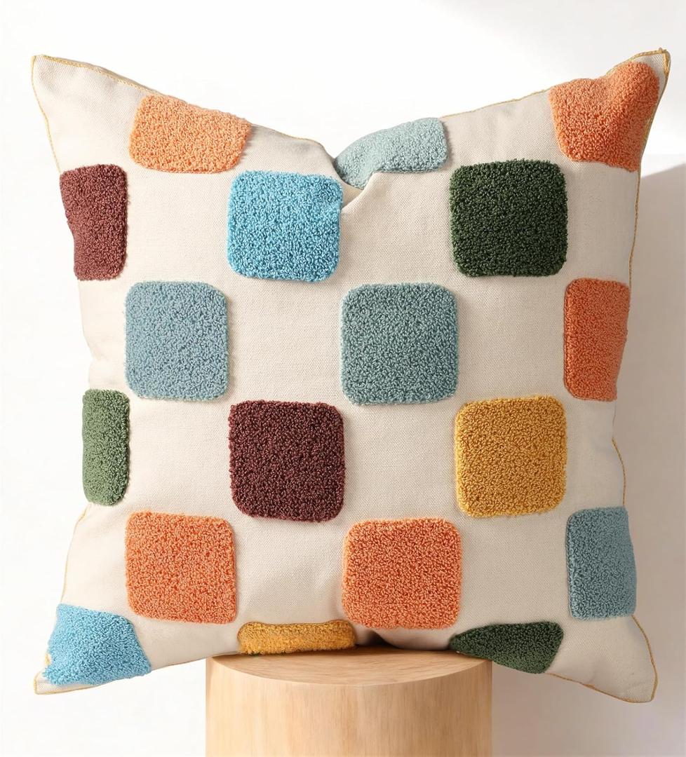 Embroidered Throw Pillow Cover 18x18 Inch - Modern Geometric Decorative Pillow Cover with Zipper for Sofa Couch Living Room Chair Bed Car Aesthetic Design Pillow Case, Colorful Plaid