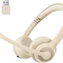 JIAMQISHI Wireless Headset with AI Noise Cancelling Microphone Bluetooth Headset - Bluetooth V5.2 Headphones with USB Dongle & Mic Mute for Computer/Laptop/PC/iPhone/Android/Cell Phones/Zoom-Apricot