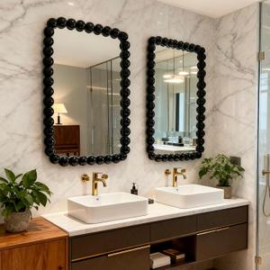Decorative Wall Mirror with Gold Beaded Frame, Round Metal Ball Design, Contemporary Vanity Mirror (Black1)