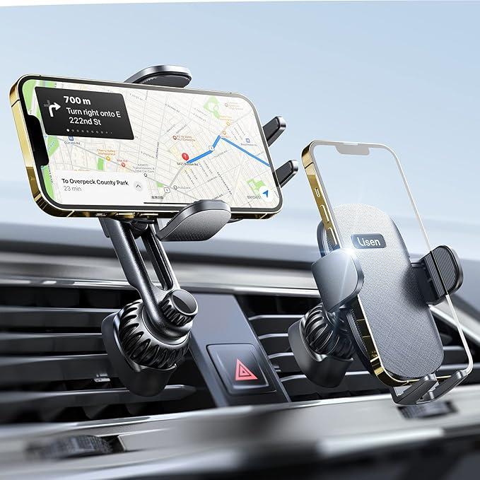 LISEN Cell Phone Car Mount for iPhone [Enjoy Never Blocking], Universal Car Phone Holder Vent [2 Hook Kit] Hands Free Fits iPhone 16 15 14 Pro Max Plus Samsung, Black