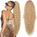 Ponytail Extension, SEIKEA 36" Long Lightweight Full Natural Curly Drawstring Ponytail Fake Pony Tail Multi Layered Soft Clip in Hair Extensions Ponytail Synthetic Hairpiece, Golden Blonde Highlights