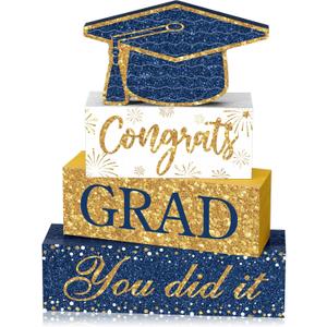 Cinnvoice 4 Pcs Graduation Table Decor 2026 Congrats Grad Centerpiece Class of 2026 Wood Sign Graduation Tiered Tray Decor Farmhouse Congratulate Gifts for Home Shelf Party Decorations(Blue Yellow)