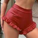 WDIRARA Women's PU Leather High Waisted Booty Shorts Ruffle Hem Skinny Shorts Burgundy Medium (Red)