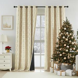 ZJDECOR Beige Full Blackout Window Curtain Panels with Gold Geometric Metallic Moroccan Print,Modern Room Darkening Light Blocking Drapes,Grommet Window Treatment for Bedroom,52" Wx84 L(Pack of 2)