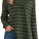 MASCOMODA Womens Sweaters Fall 2025 Oversized Striped Sweater Long Sleeve Polo V Neck Loose Side Slit Knitted Tunic Tops Size Xs
