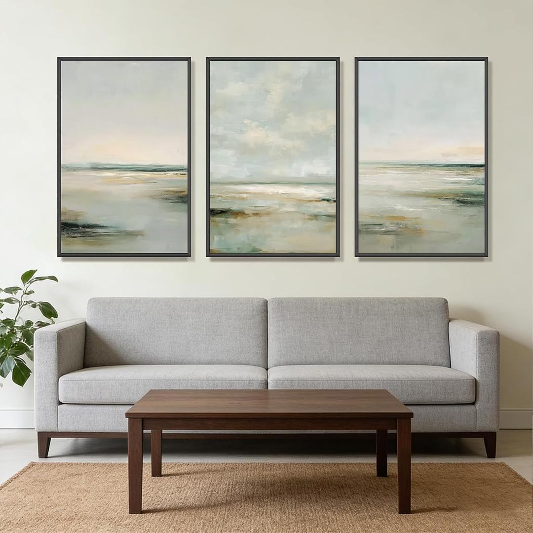 Large 3 Piece Canvas Wall Art for Living Room, 24x36 Inch Abstract Coastal Seascape Modern Sage Green Framed Prints, Gallery Wrapped Home Decor for Bedroom Office, Ready to Hang