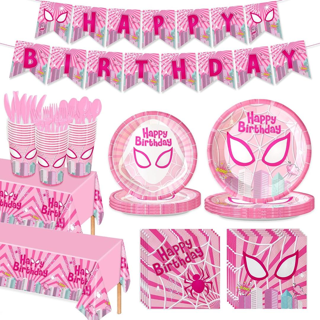 171pcs Super Girl Hero Birthday Party Supplies Spider Pink Ghost Gwen Birthday Plates Napkins Cups Paper Disposable Banner Tablecloth Tableware Decorations Severs 24 Guests