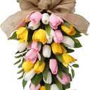 26" Artificial Tulips Teardrop Swag with Burlap Bow, Handmade Spring Easter Teardrop Wreath for Front Door & Porch Wall, Spring Easter Decor Decorative Swag