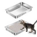 Amibud 2 Pack Low Entry Stainless Steel Cat Litter Box for Senior Cats, Metal Shallow Litter Box, Easy Access Kitty Litter Pan Tray, Easy Cleaning,Non Stick-15.75''Lx 11.81'' W x2.76'' H