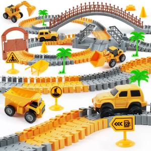 Construction Race Car Track Set for Kids - Flexible Engineering Toys with 2 Electric Cars, Birthday Gift for 3 4 5 6 7 Year Old Boys, DIY Road Games Playset with 220+ PCS