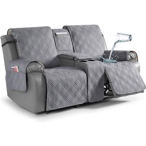 TAOCOCO Loveseat Recliner Cover with Center Console, 100% Waterproof Pet Covers for Dual Recliner with Straps Design, Split Reclining Loveseat Cover Furniture Pet&Kids Protector (2 Seater, Gray) (Grey)