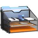GAWERK Letter Tray Organizer, Mesh Desk File Organizer with 3 Paper Trays and 2 Vertical Upright Section, Blank