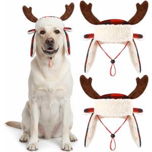 2 Pcs Christmas Antler Check Dog Santa Hat Adjustable Pet Red Plaid Pet Cap Xmas Antler Dog Hats for Small Medium Large Dogs(L)