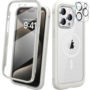Diaclara Magnetic for iPhone 15 Pro Case, [Military-Grade Drop Proof & Fit for MagSafe] Built-in Shockproof Screen Protector, [Camera Lens Protector] Phone Cover for iPhone 15 Pro 6.1"(White)