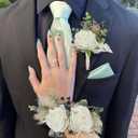 Rinlong Corsage and Boutonniere Set White Green Corsages Boho Groom Artificial Dried Flower Boutonniere for Men Wedding Homecoming Prom