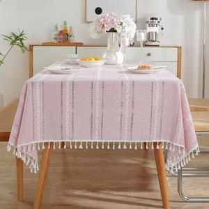meioro Pink Rustic Table Cloth, Rectangle Textured Cotton Linen Fabric Tablecloth with Tassel, Valentines Day Farmhouse Table Cover Embroidery Stripe Tablecloths for Kitchen Dinning Party, 55" X 120"