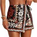 SweatyRocks Women's Shorts Floral Print Tie Side Wrap Elastic Waist Boho Short Skorts (X-Large, Black)