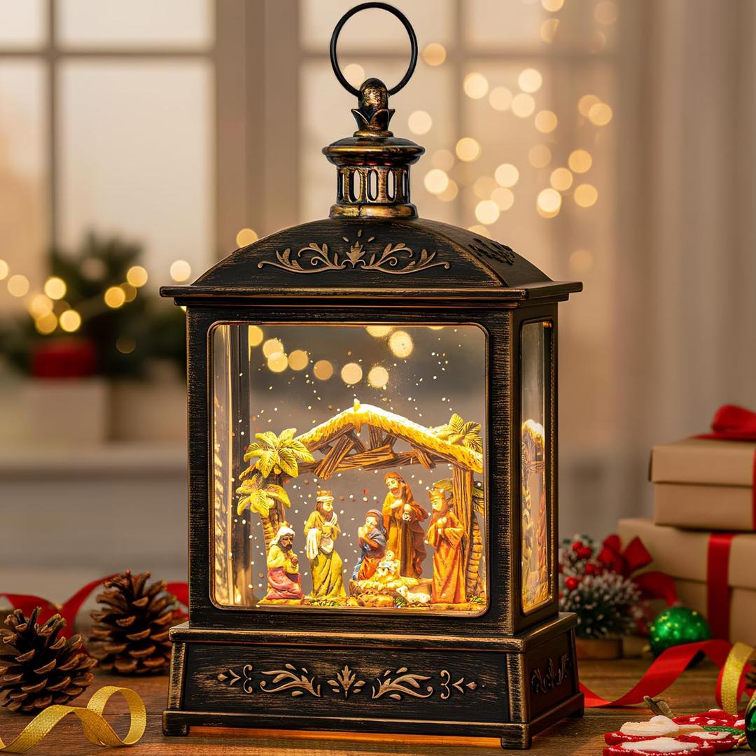 12.5'' Christmas Snow Globe Lighted Manger Nativity Scene, Musical Water Lantern Play Silent Night Music in Swirling Glitter, for Home, Battery Operated or USB Powered