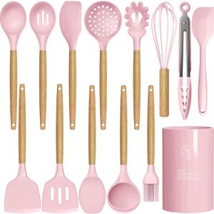 Silicone Kitchen Utensils Set - 446F Heat Resistant Cooking Utensil Sets, Spatula,Turner,Tongs,Spoon,Brush,Whisk, Wooden Handle Silicone Kitchen Gadgets Tools for Non-Stick Cookware BPA Free (Pink)
