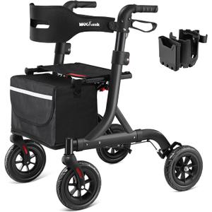 MAXWALK Walkers for Seniors, Rollator Walker with Seat, 8" Rubber Wheels All Terrain Rollator Walker with Backrest, Aluminum Walkers Built-in Cable, Foldable and Adjustable Height for Seniors, Black