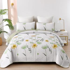 Dinjoy King Size Quilt Set Floral,3 Piece Green and Yellow Farmhouse Bedding Set Lightweight Flower Bedspreads White Coverlet Bed Sets Cute Boho King Quilts for Fall All Season(110"x90")