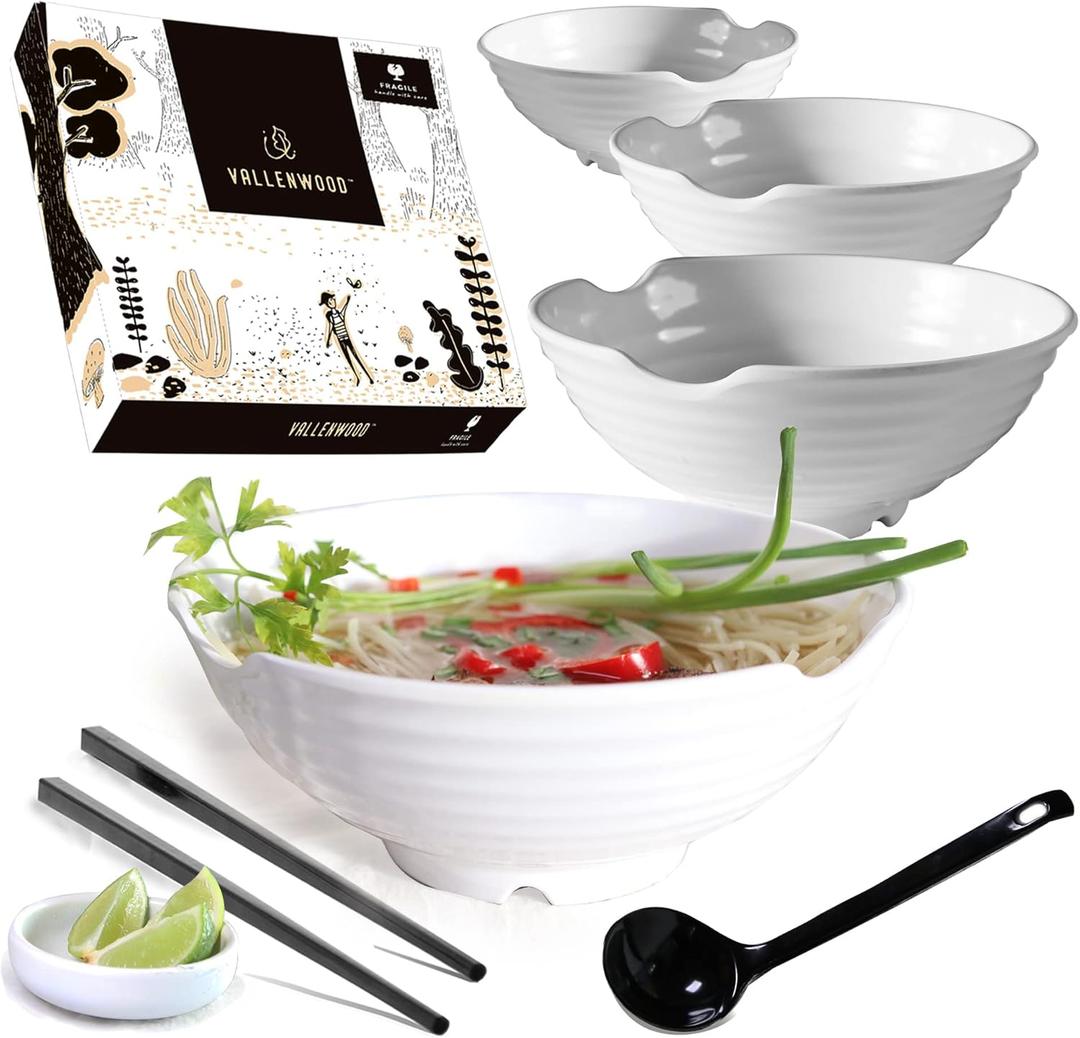 4 XL White Pho Bowls set. 16 Pieces Pho Bowl Set for Asian Noodle Dishes, 52 oz Restaurant Quality Melamine. Perfect for Ramen, Curry, Udon, Thai. Includes Spoons, Chopsticks And Sauce Dishes.