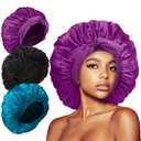 3Pcs Silk Bonnet for Sleeping, Satin Hair Bonnets for Sleeping Black Curly Hair Women Extra Large Jumbo Bonnet with Tie Band Braids (Black+Peacock Blue+Purple)