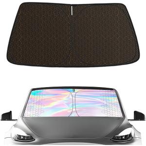 Iridescent Windshield Sun Shade Custom Fit Tesla Model 3/Y, Upgrade 5 Layers 480T Laser Titanium Silver Window Car Sunshade, Mirror Cut-Out, Rhombus Lattice Shades for Front Window, Block UV Rays Heat