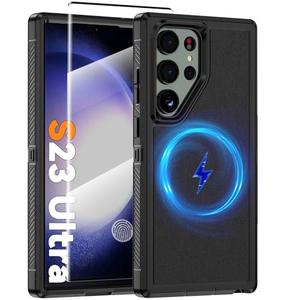 For Samsung Galaxy S23 Ultra Magnetic Case [Compatible with Magsafe] [Glass Screen Protector] [Dual Layer Military-Grade Protection] Heavy Duty Shockproof Cover for Samsung S23 Ultra 6.8 inch, Black
