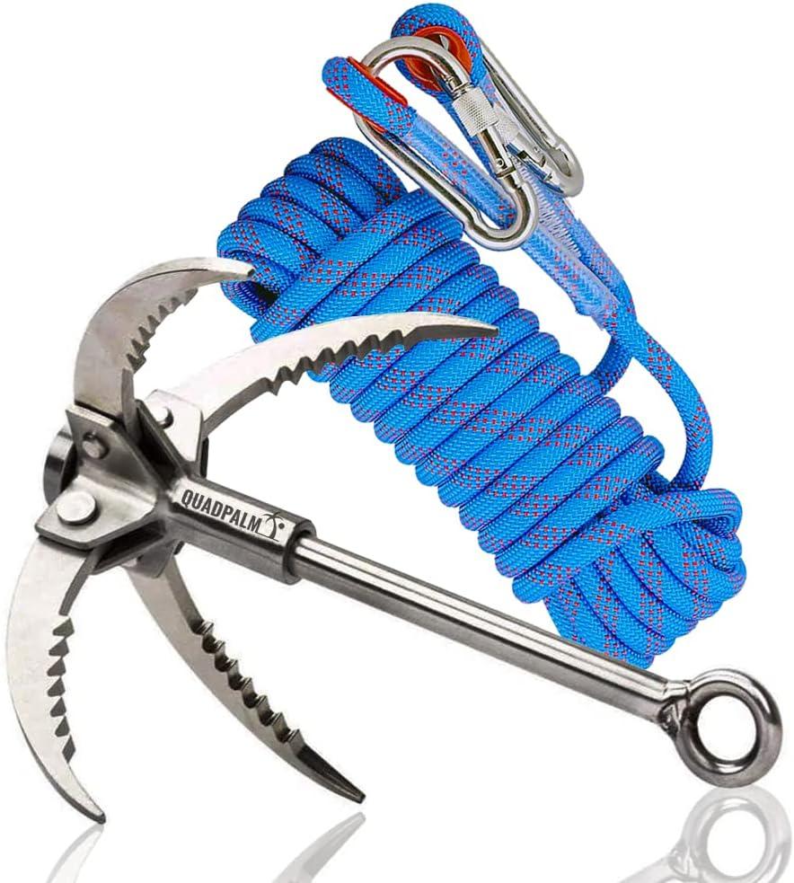 Grappling Hook with 10m Rope  Multifunctional QUADPALM Grapple Hook - 4 Stainless Steel Folding Claws - Heavy Duty - Outdoor Camping Hiking Tree Rock Mountain Climbing Equipment (blue)