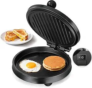 3in1 Electric Griddle & Panini Press  CACHOO 8" Nonstick Round Griddle and Sandwich Press with On/Off Switch, 180° Open Design, Perfect for Pancakes, Omelettes, Quesadillas, Veggies (Black)