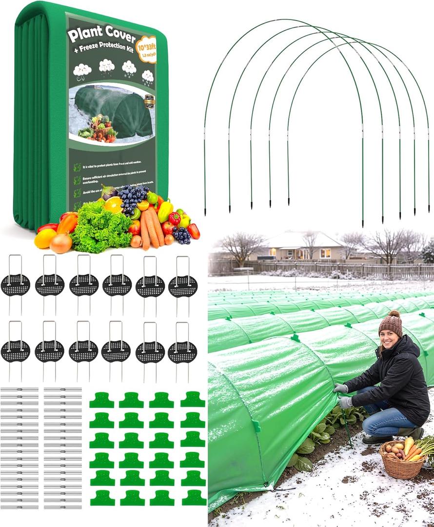 NEW Plant Covers Freeze Protection Kit,10x33FT 1.3 oz/yd Frost Blanket,36 Hoop,12 Peg,Reusable Garden Bed Covers for Winter,Greenhouse Tunnel,Snow & Pest Protection for Outdoor Plant & Raised Bed