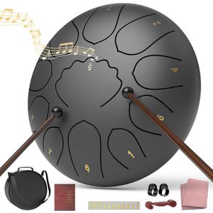 Rain Drum for Outside Garden, 8 Inches 11 Notes Steel Tongue Instrument Drum, Waterproof Meditation Rain Chime, Musical Instruments for Adult Gift with Bag, Music Book, Mallets (Black)