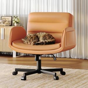 Criss Cross Chair with Flip-Up Arms & Swivel Wheels, Vanity Chair with Adjustable Height & Side Pockets, Comfortable Wide Seat Reclining Computer Office Desk Chairs for Home Office, Make Up, Bed Room, 27.56" x 26.78" x 35"