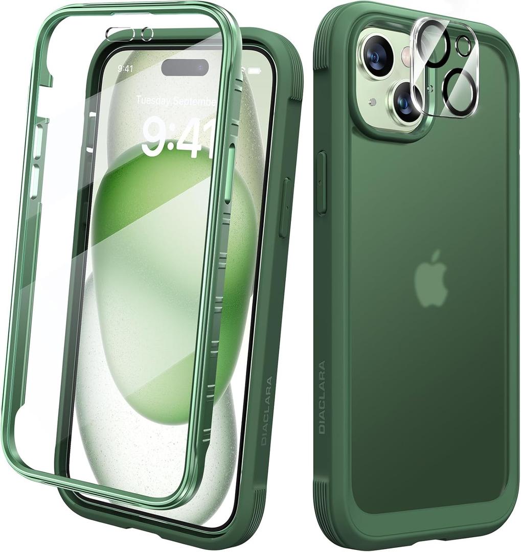 Diaclara Designed for iPhone 15 Case, Full Body Rugged Case with Built-in Touch Sensitive Anti-Scratch Screen Protector, with Camera Lens Protector for iPhone 15 6.1" (Frosted Green)
