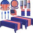 Oudain 162 Pcs American Flag Patriotic Party Supplies Red White and Blue Disposable Plastic Tablecloths Knife Fork Spoon Paper Plates Cups Napkins for 4th of July Independence Day Decor (Classic)