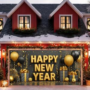 13x6ft Happy New Year Garage Door Banner Golden Balloons Confetti Backdrop New Year's Eve Garage Door Cover Decoration for Celebration Party Indoor Outdoor House Wall Background Decor