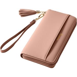 Travelambo Womens Wallet Tassel Bifold Ladies Cluth Wristlet Wrist strap Long Purse (Access Pink Lotus)