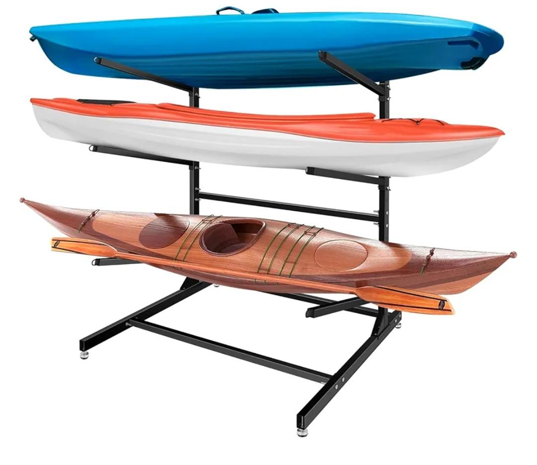 Kayak Storage Rack, Heavy Duty Steel Hanger for 2/4 Kayaks Stand, Canoe, SUP & Surfboard with Adjustable Width, Movable Wheels, Secure Straps, and Padded Arms for Indoor/Outdoor/Garage Storage