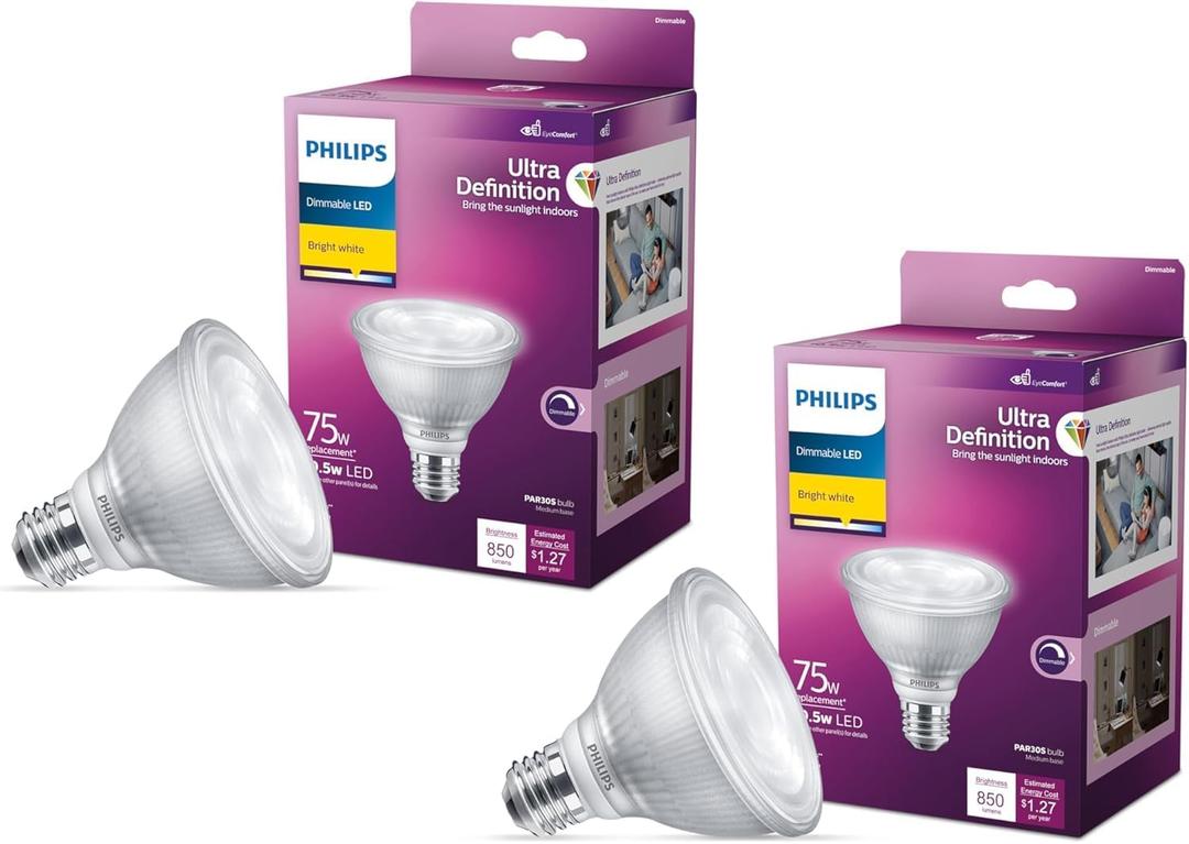 Philips LED 75W PAR30 2-Pack Ultra Definition Bright White (3000K) 850 Lumen (10.5W = 75W) Dimmable Flicker-Free Light Bulbs