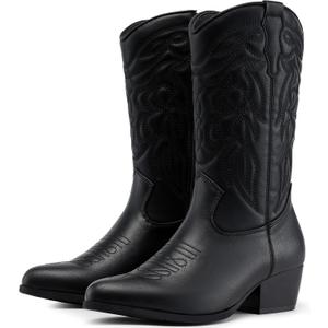 Dodow Womens Cowboy Boots Western Cowgirl Pointed Toe Zipper Mid Calf Boots Black Size 7.5
