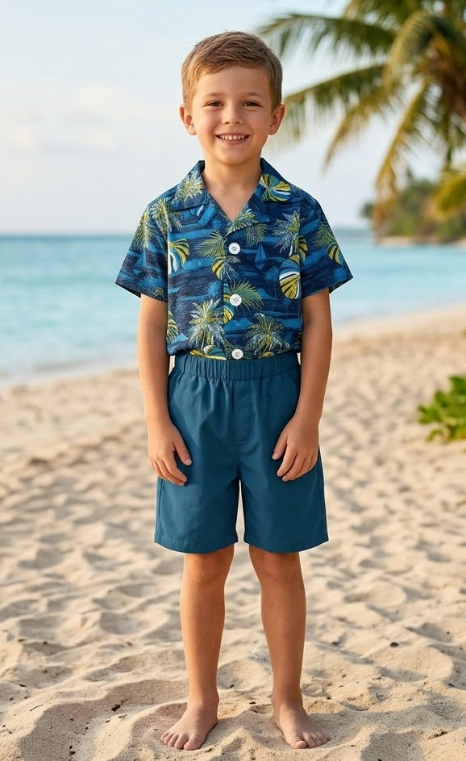 Arshiner Boys Hawaiian Button Down Shirts and Short Sets Summer Outfits Printed Kids Cabana, Blue Set 7-8 Years