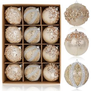Christmas Ornaments Set 12PCS Rustic Farmhouse Neutral Christmas Ornaments, 3.15" Shatterproof Large Balls Hanging for Xmas Tree, Party Holiday (Champagne)