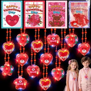 24 Pack Valentines Day Gifts for Kids Light Up Red Heart & Bear Necklaces with Valentines Day Cards for Kids School,Valentines Party Favors Led Necklaces Glow in the Dark for Class Girls Boys Exchange