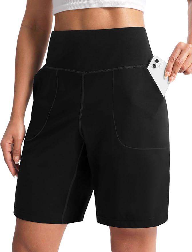 Cyasundent Women's Athletic Shorts with Zipper Pocket 9" High Waisted Bermuda Shorts for Women Workout Walking Running(Black_L)